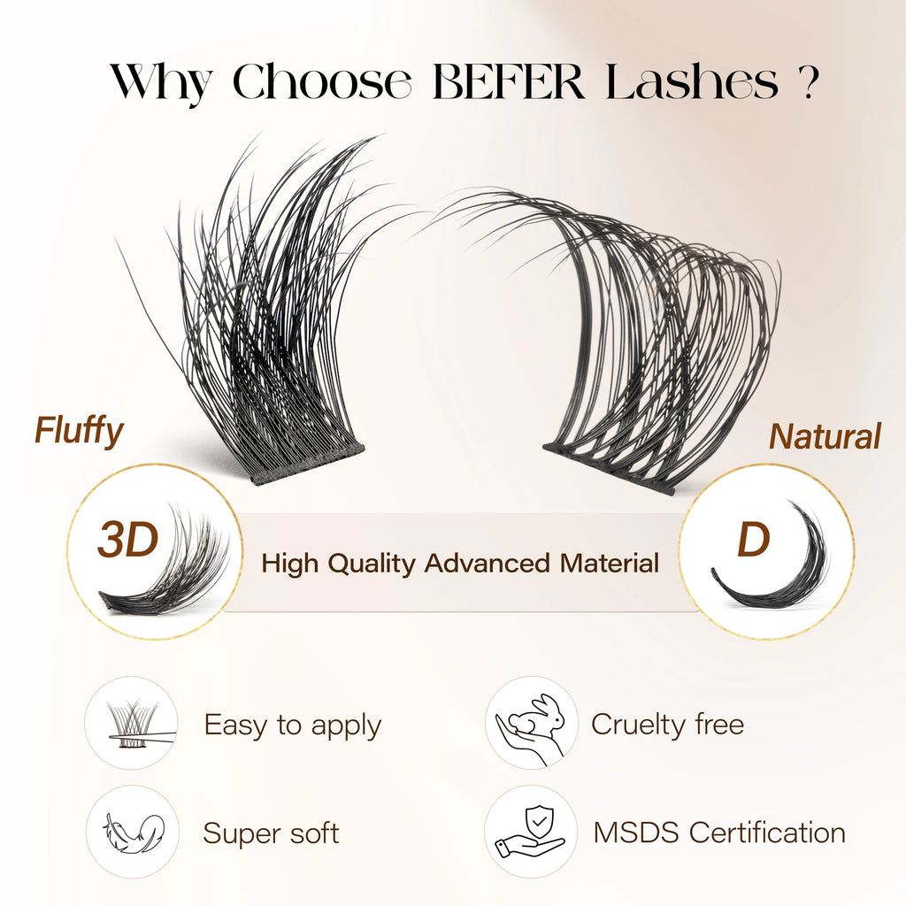 Befer Natural Lashes Clusters D Curl Fluffy Cluster Lashes 10-16mm Hight Quality Soft Super Thin Band False Eyelashes Makeup