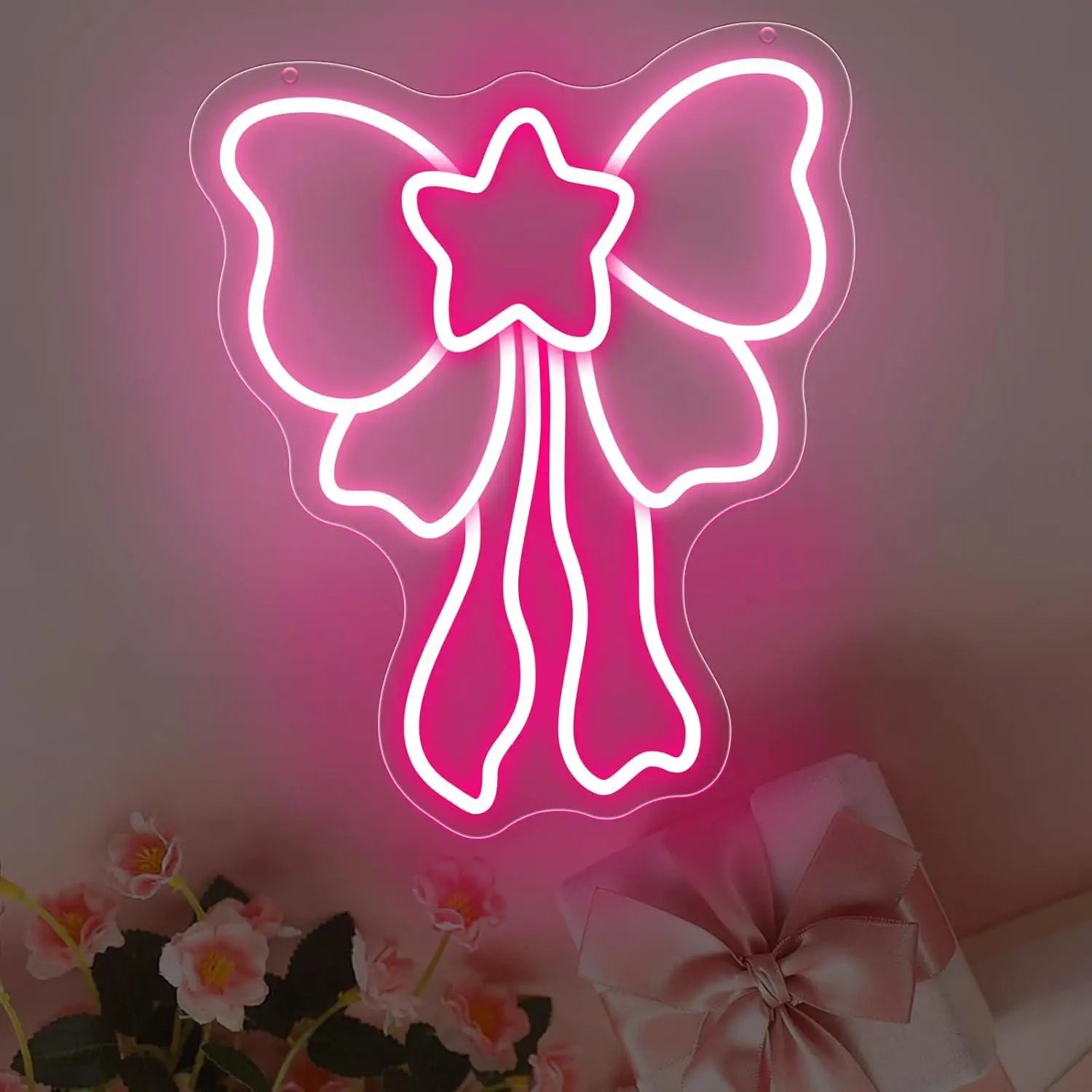 Bow Neon Signs USB Dimmable LED Neon Lights for Girls Room Beauty Salon Nursery Room Decoration Birthday Gift Elegant Wall Art
