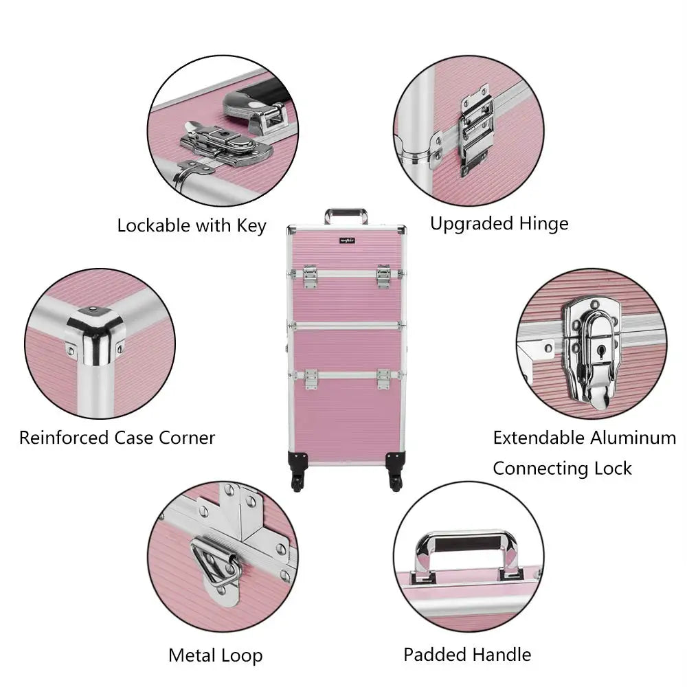 2-in-1 Rolling Makeup Train Case with Removable Wheels, Lockable Beauty Storage Luggage in Pink