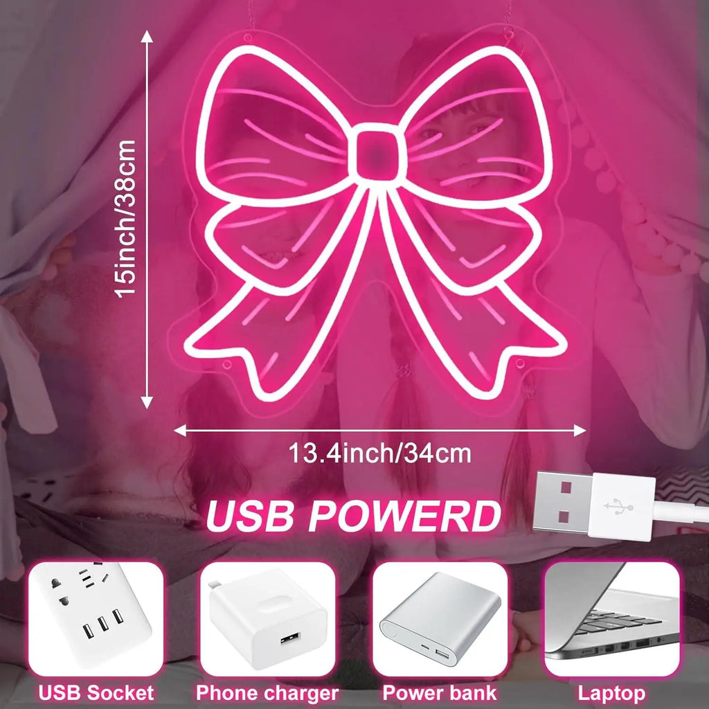 Bow Neon Signs USB Dimmable LED Neon Lights for Girls Room Beauty Salon Nursery Room Decoration Birthday Gift Elegant Wall Art